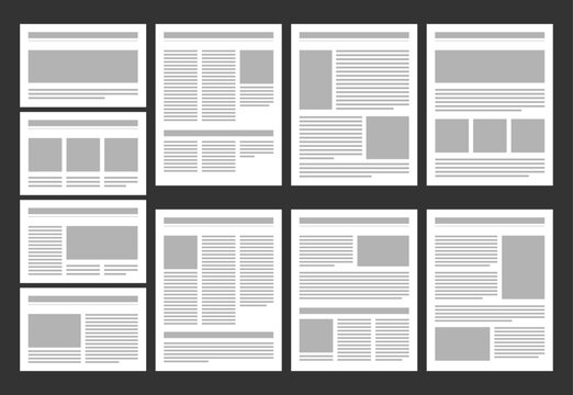 A vector set of monochromatic newspaper page schematics displays various grid.