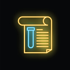 Glowing neon icon representing a medical test result document with a test tube, symbolizing healthcare and laboratory analysis