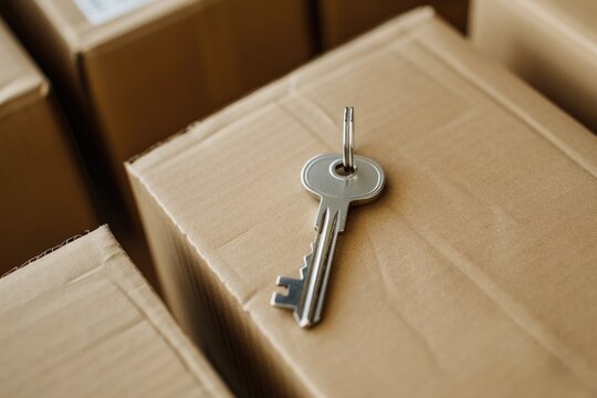 Metal key on cardboard box: symbol of moving and security - Powered by Adobe