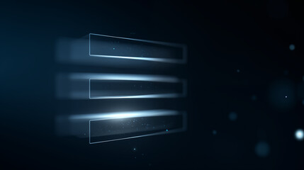 Abstract technological 3D rendering of three horizontal bars representing IT and technology data flow on a dark background with floating particles