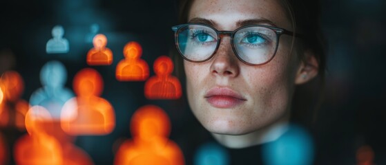 Stylish programmer decoding visual data in today's work world. Digital interaction icon. Vibrant tech space envelops curly-haired programmer. Online friendship symbol.