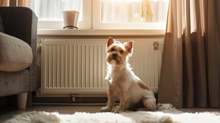 Small dog in sunlit living room with cozy decor and warm light