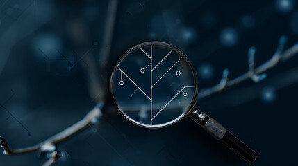 Exploring the intricate pathways of IT and technology through a magnifying glass on a delicate branch