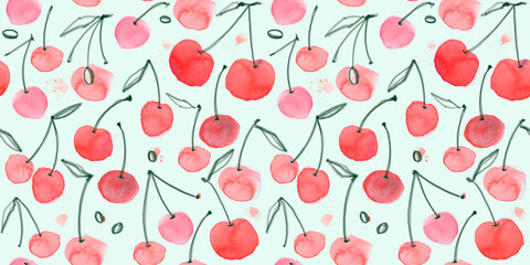 Cute vintage seamless pattern with hand-painted watercolor cherries
