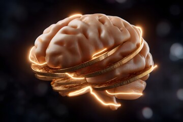 Human Brain with Glowing Gold Coins, Symbolizing Financial Intelligence and Cognitive Power