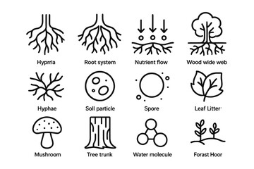 Underground Symbiosis Icons. Line style icons of Underground Symbiosis: Mycorrhiza, Root System, Nutrient Flow, Wood Wide Web;