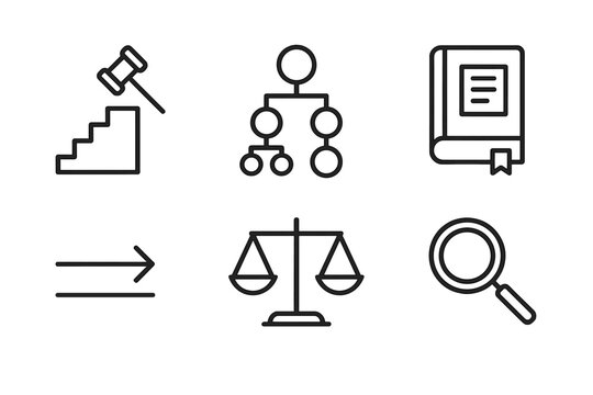 Legal Methods Icons. Line style icons of Legal Reasoning Methods: precedent staircase, logical argument tree, case analysis book,