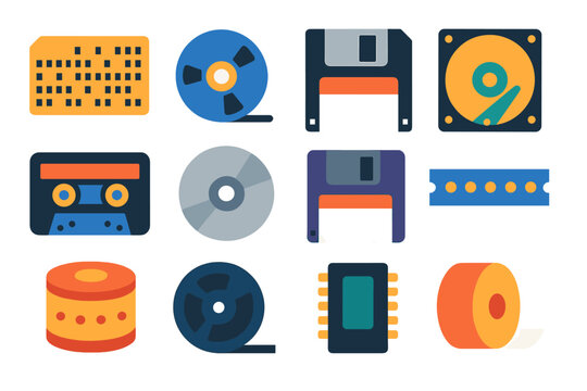 Data Storage Icons. Flat vector icons of Data Storage History: punch card, tape reel, floppy disk, hard drive platter, cassette