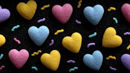 Retro 80s Valentine's Day pattern, hearts and squiggles in neon pink, blue, and yellow on a black background