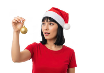 Woman in red shirt and santa hat holding a gold christmas ornament isolated on transparent background