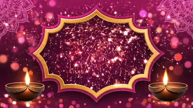 A vibrant magenta festive background featuring shimmering glitter inside a golden frame, flanked by traditional illuminated diyas.