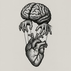 Fototapeta premium Surreal Vintage Engraving of Brain Controlling Heart with Puppet Strings Conceptual Illustration
