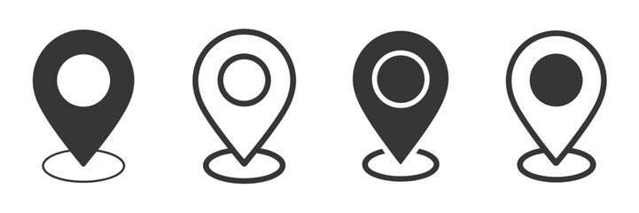Map pin icon vector set, location symbol for maps, navigation apps, GPS services, travel, directions, geographic markers, and location-based interface design.