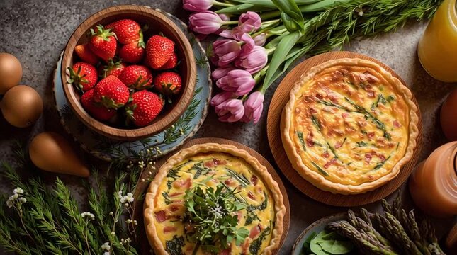 Savory quiche tart with fresh strawberries, asparagus, and juices for brunch