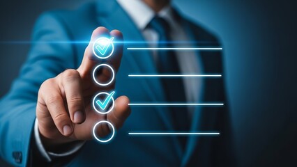 Businessman interacting with virtual interface selecting option with finger