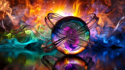 Futuristic Glass Orb with Rotating Rings and Multicolor Nebula Smoke Explosion