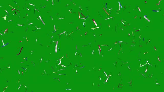 Confetti explosion. Colorful falling festive particles, stripes. Green screen, chromakey