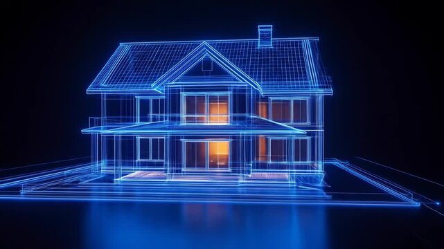 Futuristic House Blueprint Structure with Glowing Blue Outlines on Black Background
