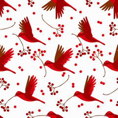 Red winter birds. Seamless background for fabrics, textiles, packaging and wallpaper. Vector pattern.	