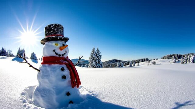Snowman in winter landscape with blue sky and sunlight