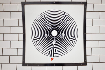 Hypnotic Optical Illusion Art on White Tiled Wall