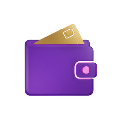 Purple Wallet with Gold Credit Card on transparent Background, 3D Rendering Icon