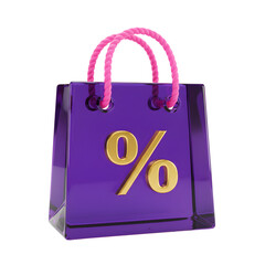 Purple Shopping Bag with Pink Handles and Gold Percent Sign on transparent Background, 3D Rendering Icon