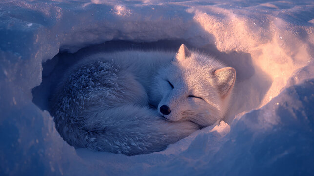 An arctic fox curls in a snow den under shimmering aurora lights, soft natural glow, serene winter scene, calm and magical atmosphere.