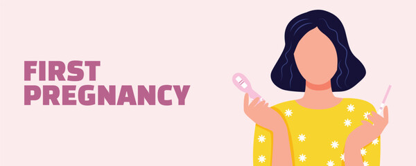 Women’s health illustration banner about first pregnancy, woman holding pregnancy tests on pink background, motherhood and prenatal care concept