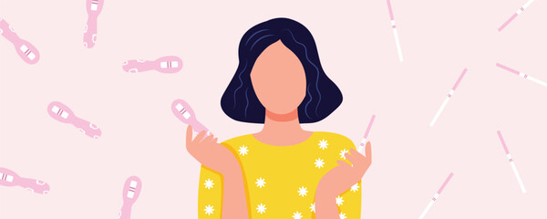 Women’s health illustration banner about pregnancy, woman holding pregnancy tests on pink background, motherhood and reproductive health concept