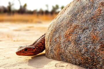 Desert lizard peeking from behind rock in natural habitat