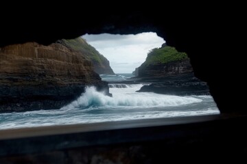 Dramatic ocean waves crashing against rocky cliffs through cave view