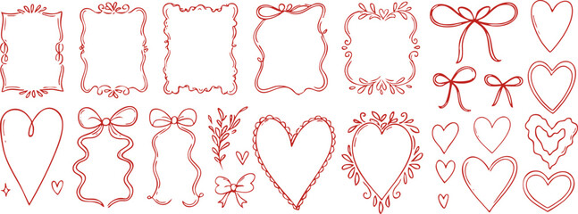 Valentine hand drawn frames hearts bows set with romantic decorative elements in red outline style isolated on transparent background