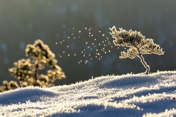 Frost-covered pine tree in tranquil winter landscape at sunrise