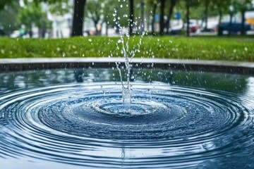 Minimalistic scene of large raindrops creating ripples in a calm urban pond