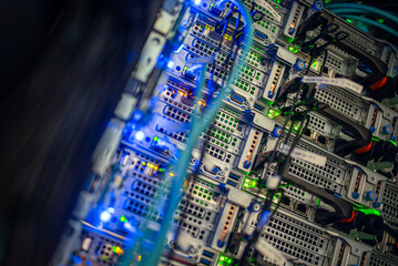 Detailed Close-Up of Server Components with Lights