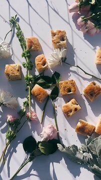 small pieces of herb focaccia bread are scattered across a light surface alongside fresh flowers, leafy stems, and natural greenery in a soft, organic arrangement.