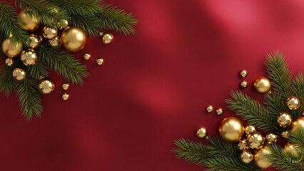 Fototapeta premium Christmas decorations with golden baubles and pine branches on red background, festive holiday setting, close-up view, concept of celebration