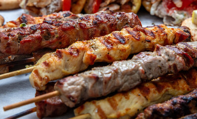 Mixed grilled meat platter, pork and chicken meat skewers, kebab pieces, closeup