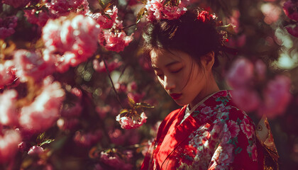 A woman in a red kimono stands amidst blossoming cherry trees. The scene is bathed in soft, natural light, highlighting the intricate details of the kimonos and the delicate petals