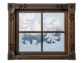 Rustic wooden window frames a snowy mountain winter landscape offering a serene view transparent background