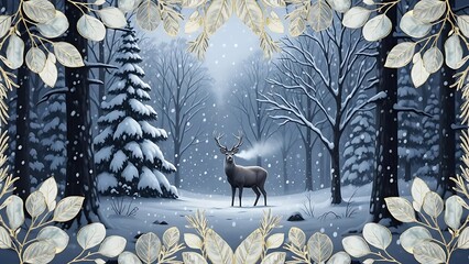 An elegant winter forest scene with a majestic stag standing in falling snow, framed by decorative botanical elements.