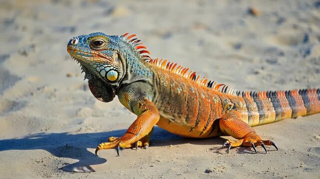 A vibrant orange and blue iguana lizard with striking patterns walks on the sandy surface - 4k video