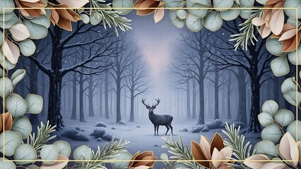A majestic stag stands in a snow-covered forest under a clear, starry night sky with a deep blue and gold border.