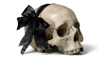 Obraz premium skull with a black ribbon or bow tied around its head, often used for decorative or symbolic purposes