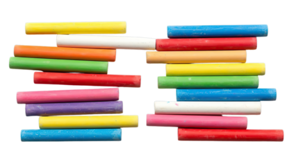 Vibrant colorful chalk sticks stacked for art education drawing fun creativity school supplies isolated on transparent background
