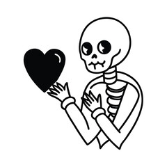 Black and white vector illustration of a cartoon pirate skeleton holding a heart, symbolizing the warning sign of love's danger and death