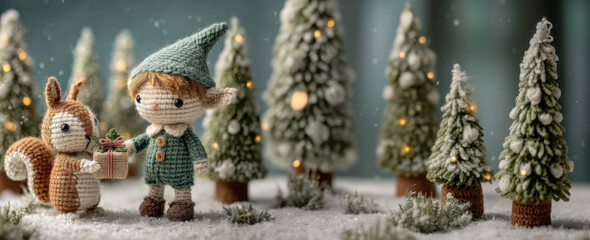 Handmade amigurumi squirrel gives a present to a tiny elf under soft snowfall..Ideal for holiday greeting cards, DIY promotions, or Christmas craft features.