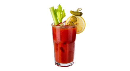 Bloody Mary Cocktail with Celery Stalk and Olives on Isolated on transparent background