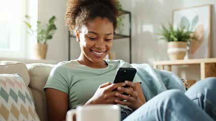 Young African American woman relaxing on sofa using mobile phone with a smile